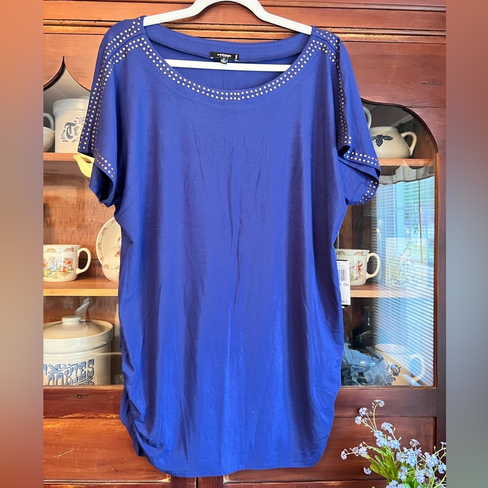 NWT Premise Studio Woman Navy Blue Short Sleeve Tunic Top Sz 1X Retail $58
